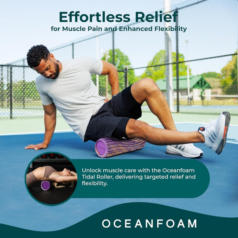 Oceanfoam Tidal Roller - Purple, Gold & Natural Marbled - Muscle Massage Foam Roller for Back Pain & Stretching - Firm & Ergonomic Wide Wave Textured - Yoga, Athletics, Wellness - Full Size, 20" x 5" - Image 4